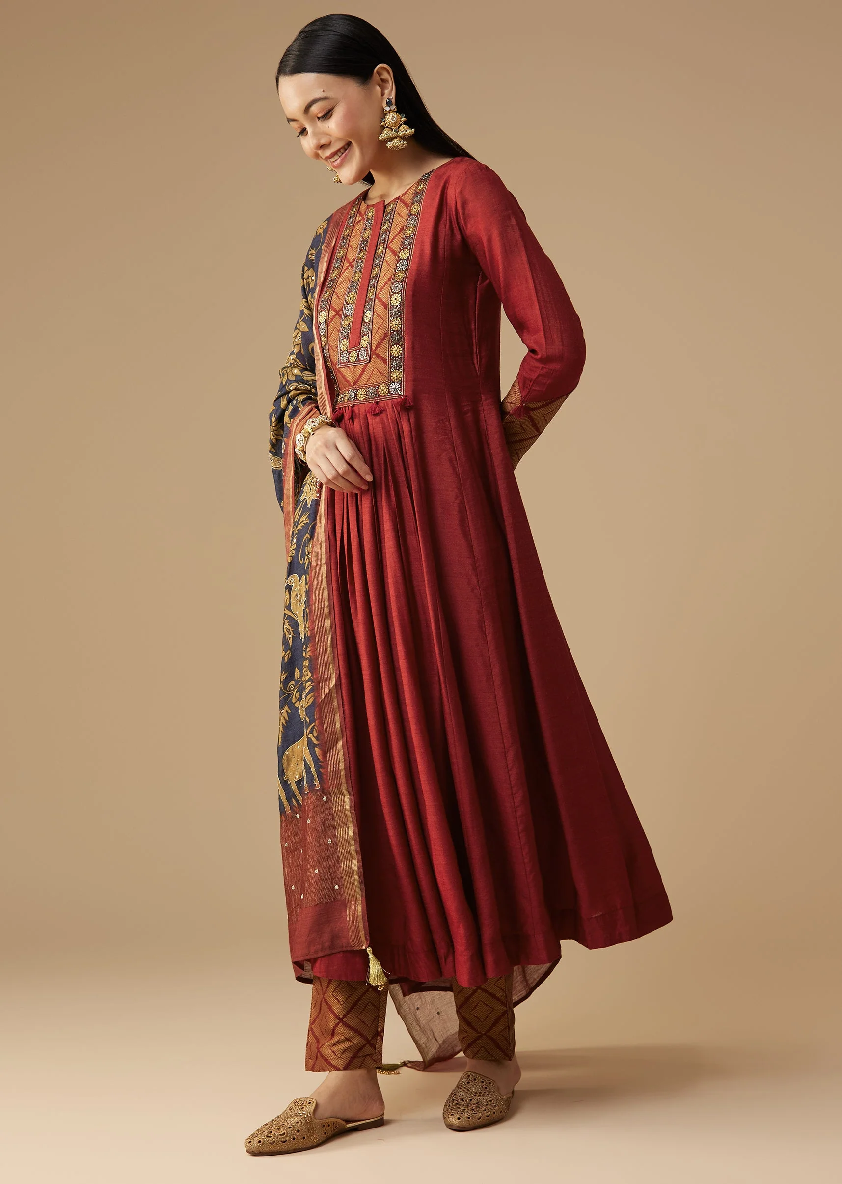 Maroon Brocade Detail Anarkali Set
