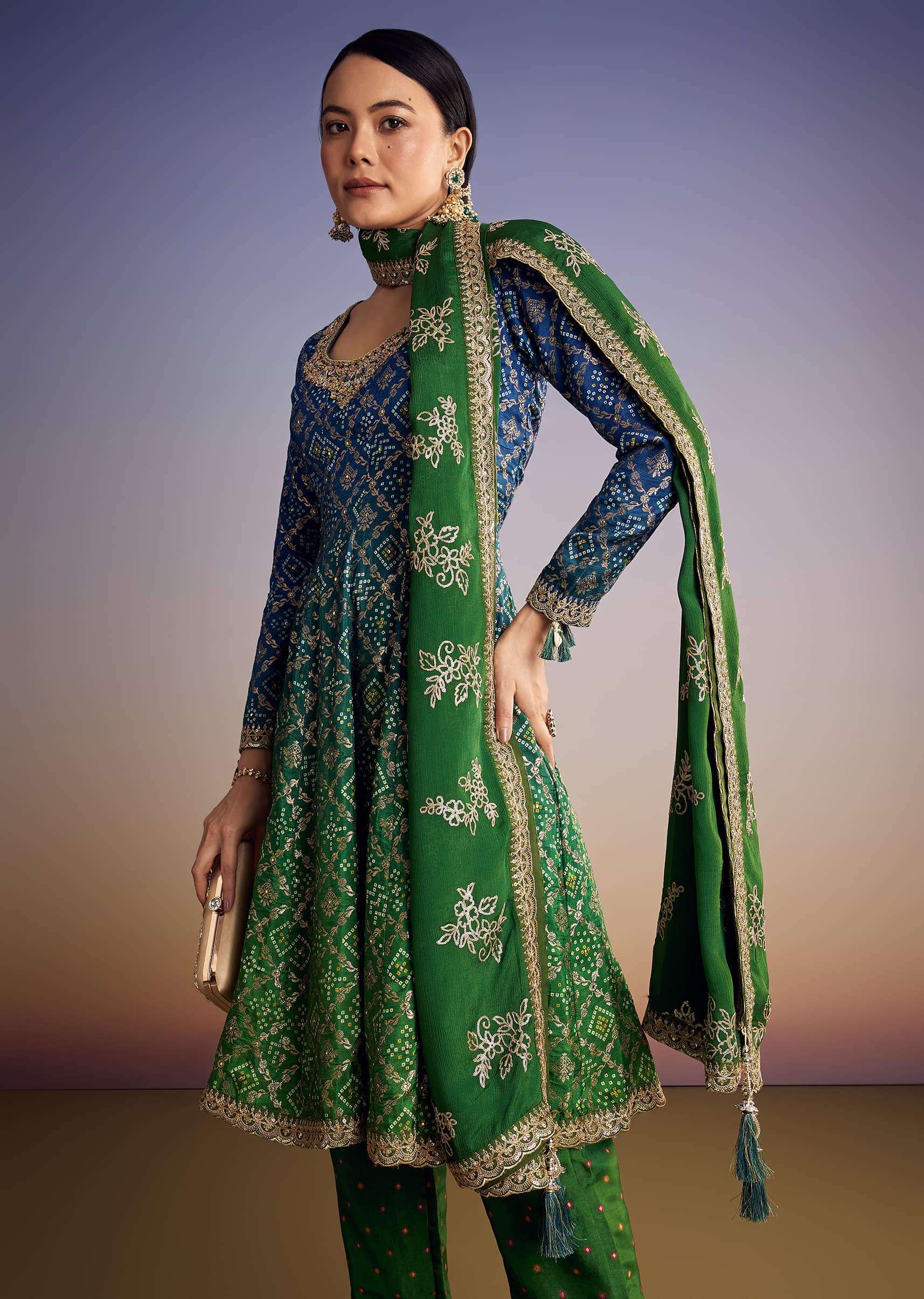 17583-blue-and-green-ombre-bandhani-anarkali-suit-with-zardosi-neckline-1.jpg Blue And Green Ombre Bandhani Anarkali Suit With Zardosi Neckline