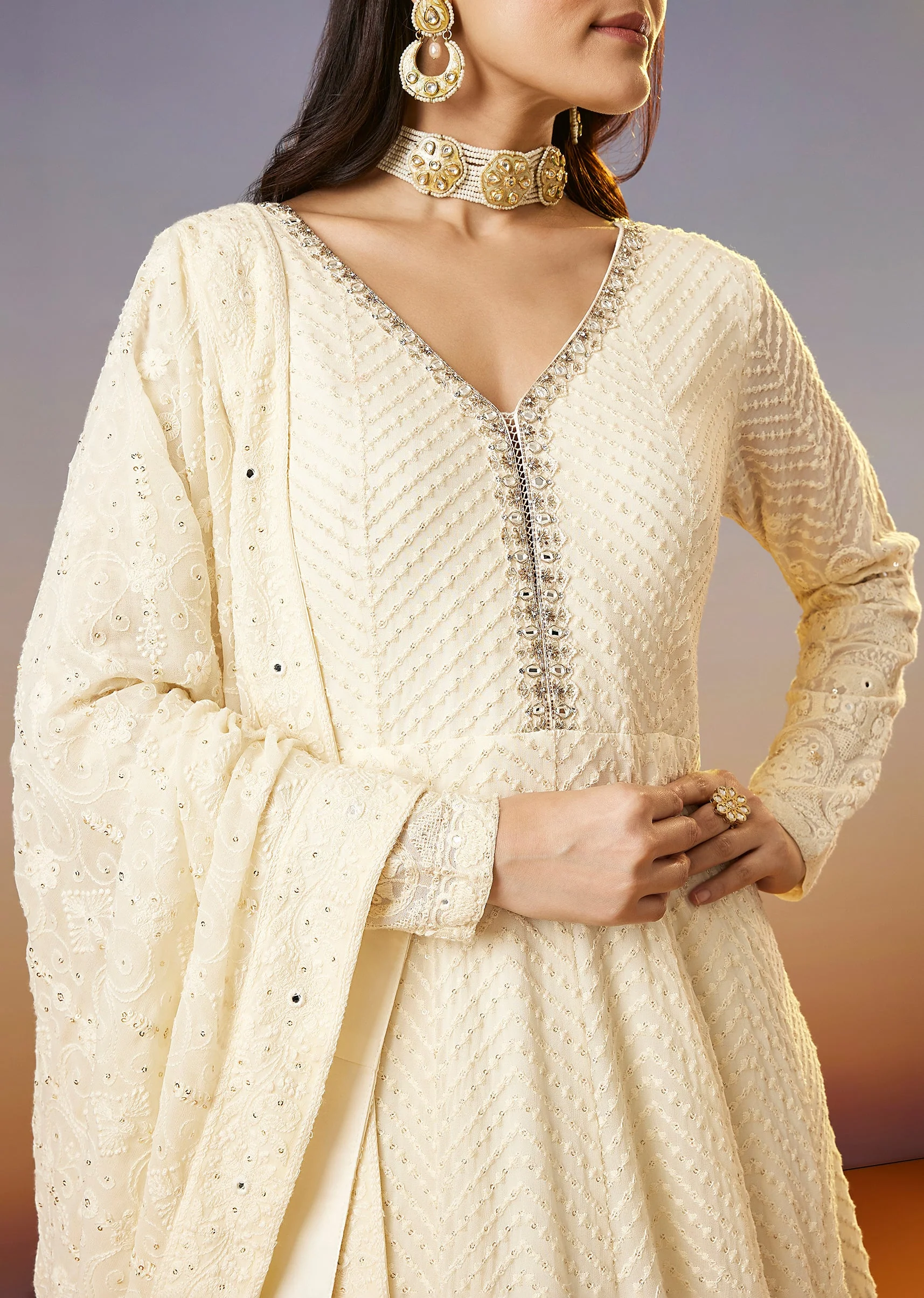 Ivory Lucknowi Georgette Anarkali Suit With Dupatta