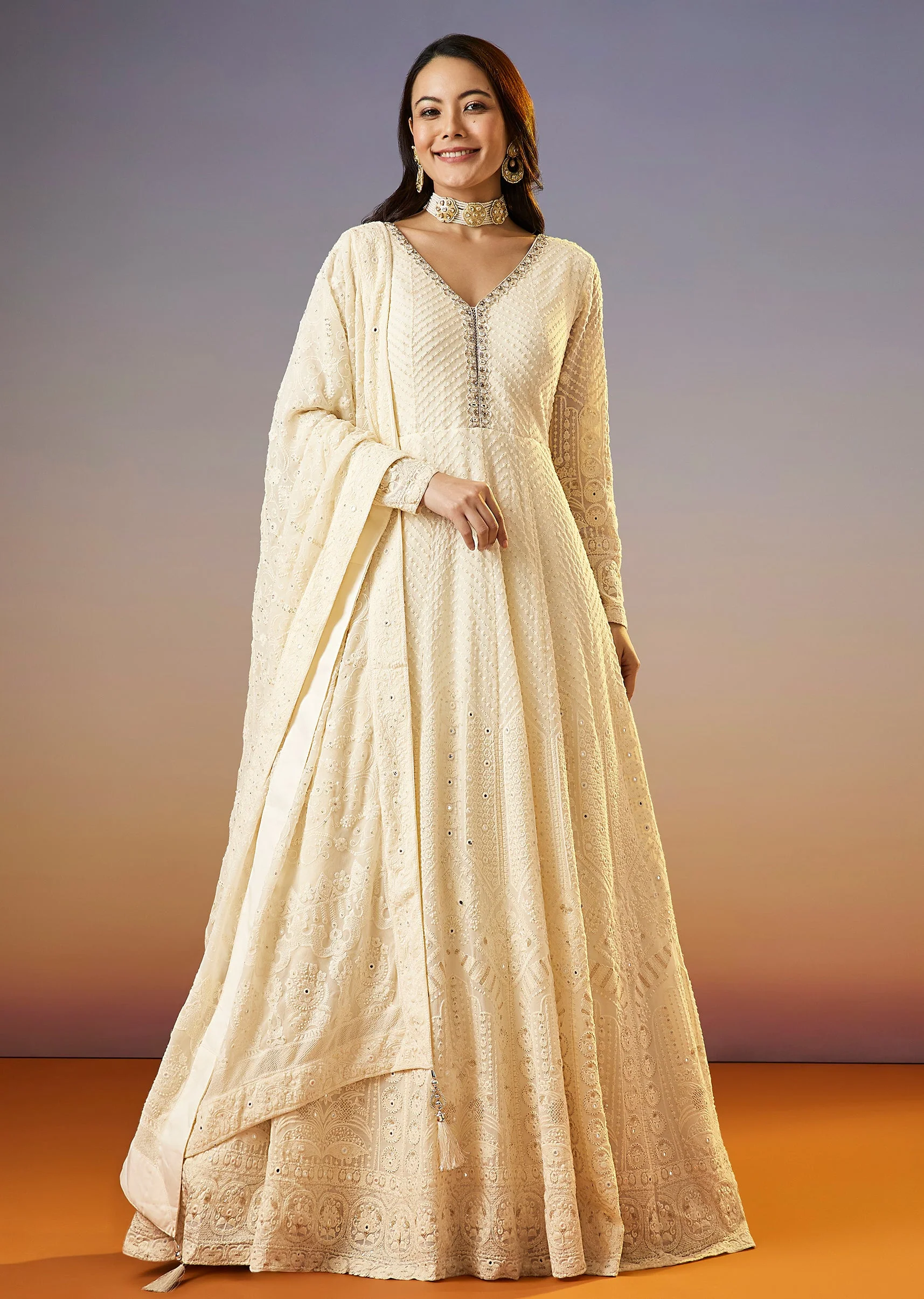 Ivory Lucknowi Georgette Anarkali Suit With Dupatta