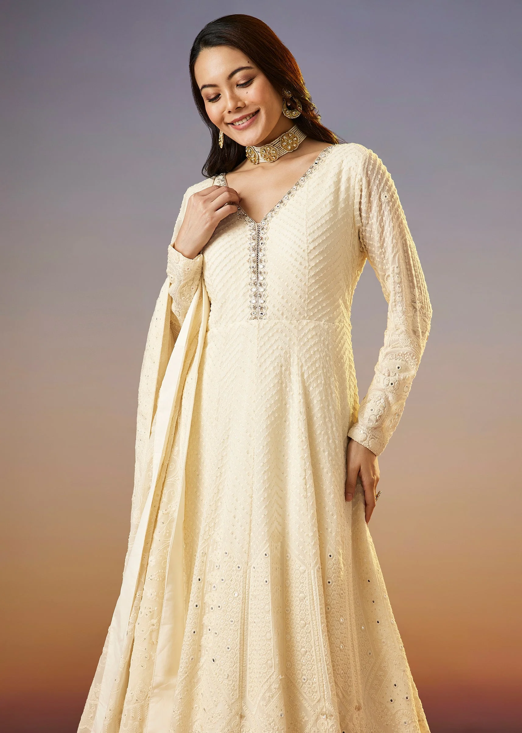 Ivory Lucknowi Georgette Anarkali Suit With Dupatta