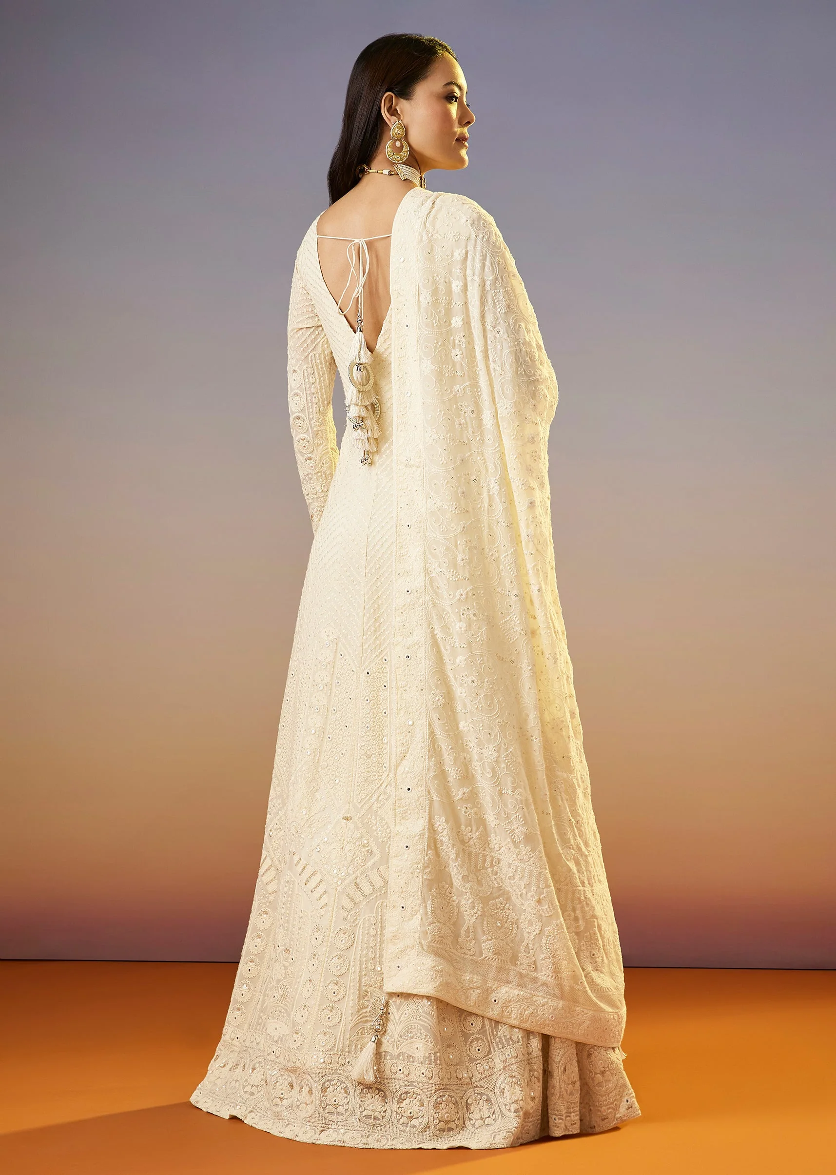Ivory Lucknowi Georgette Anarkali Suit With Dupatta