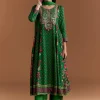 Green Silk Anarkali Suit With Floral Print And Hand Embroidery
