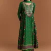 Green Silk Anarkali Suit With Floral Print And Hand Embroidery