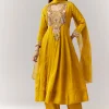 Yellow Threadwork Anarkali Pant Set With Dupatta