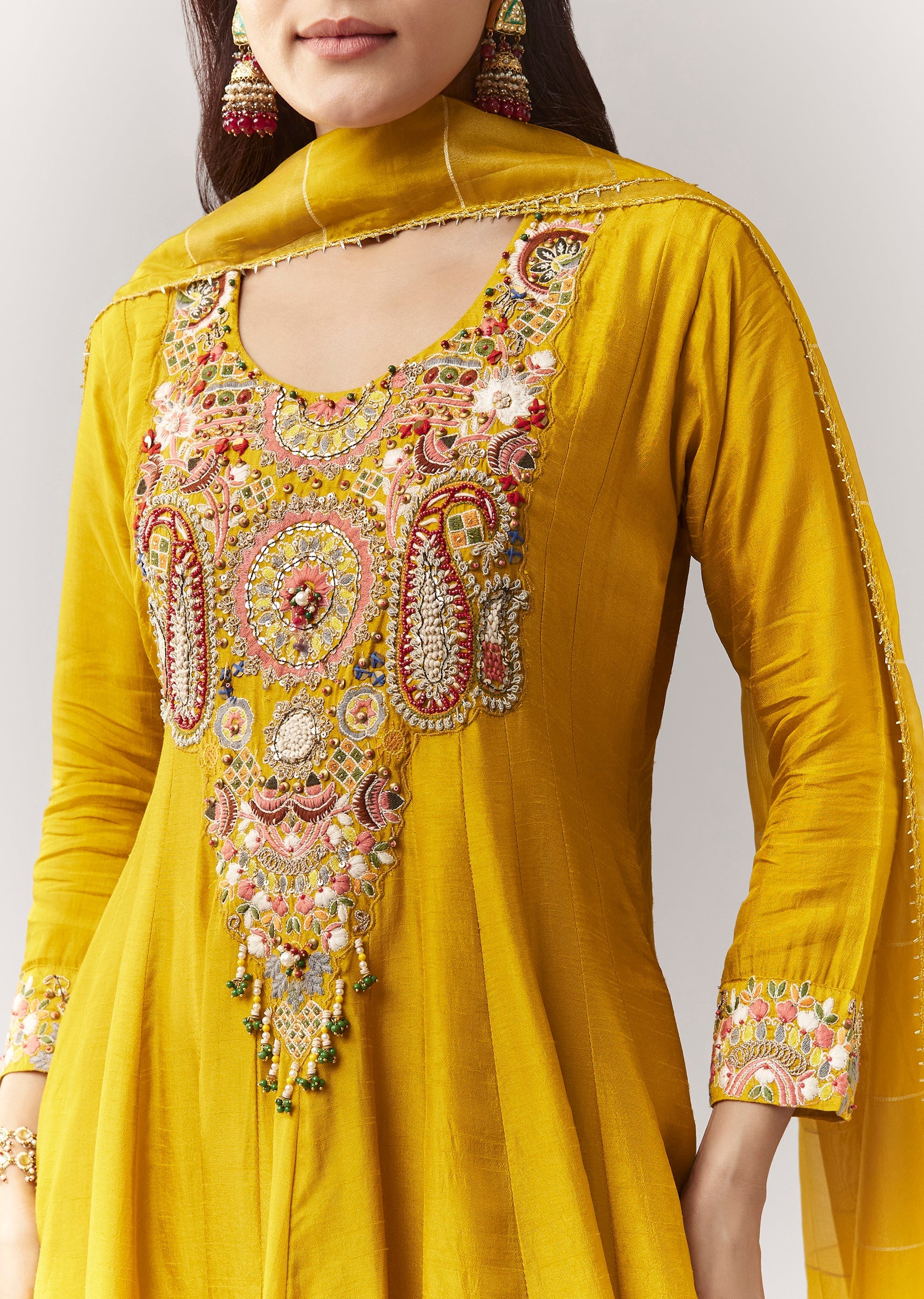 Yellow Threadwork Anarkali Pant Set With Dupatta