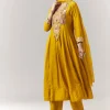Yellow Threadwork Anarkali Pant Set With Dupatta
