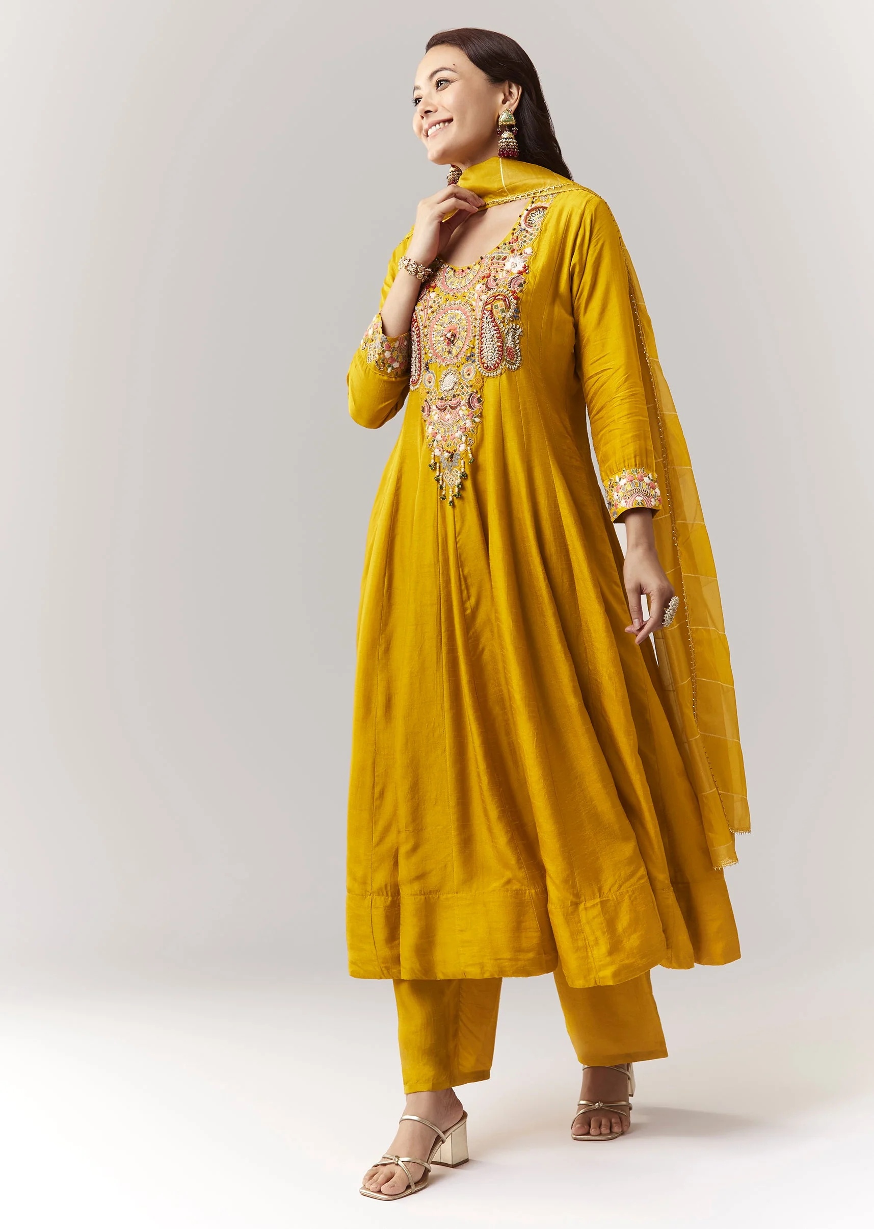 Yellow Threadwork Anarkali Pant Set With Dupatta
