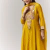 Yellow Threadwork Anarkali Pant Set With Dupatta