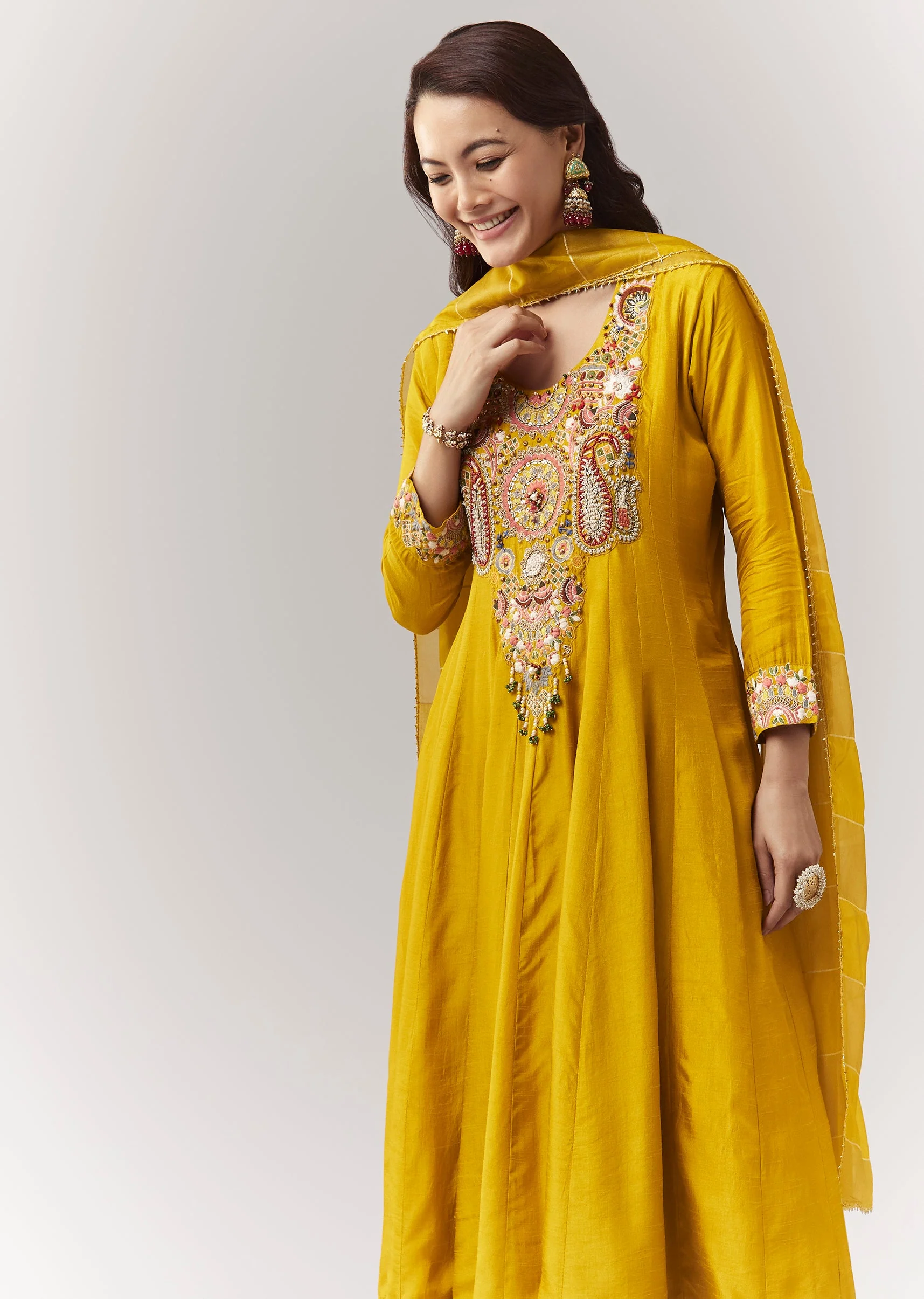 Yellow Threadwork Anarkali Pant Set With Dupatta