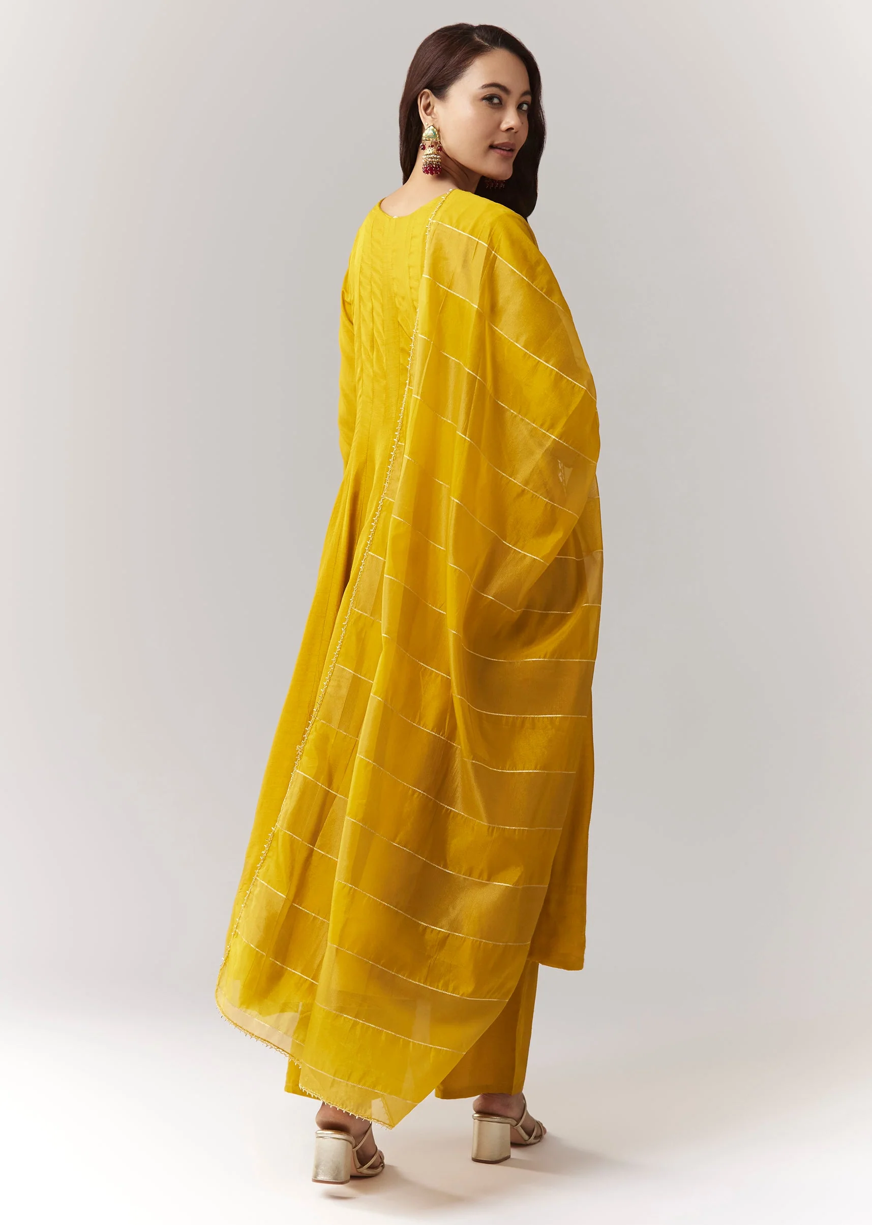 Yellow Threadwork Anarkali Pant Set With Dupatta