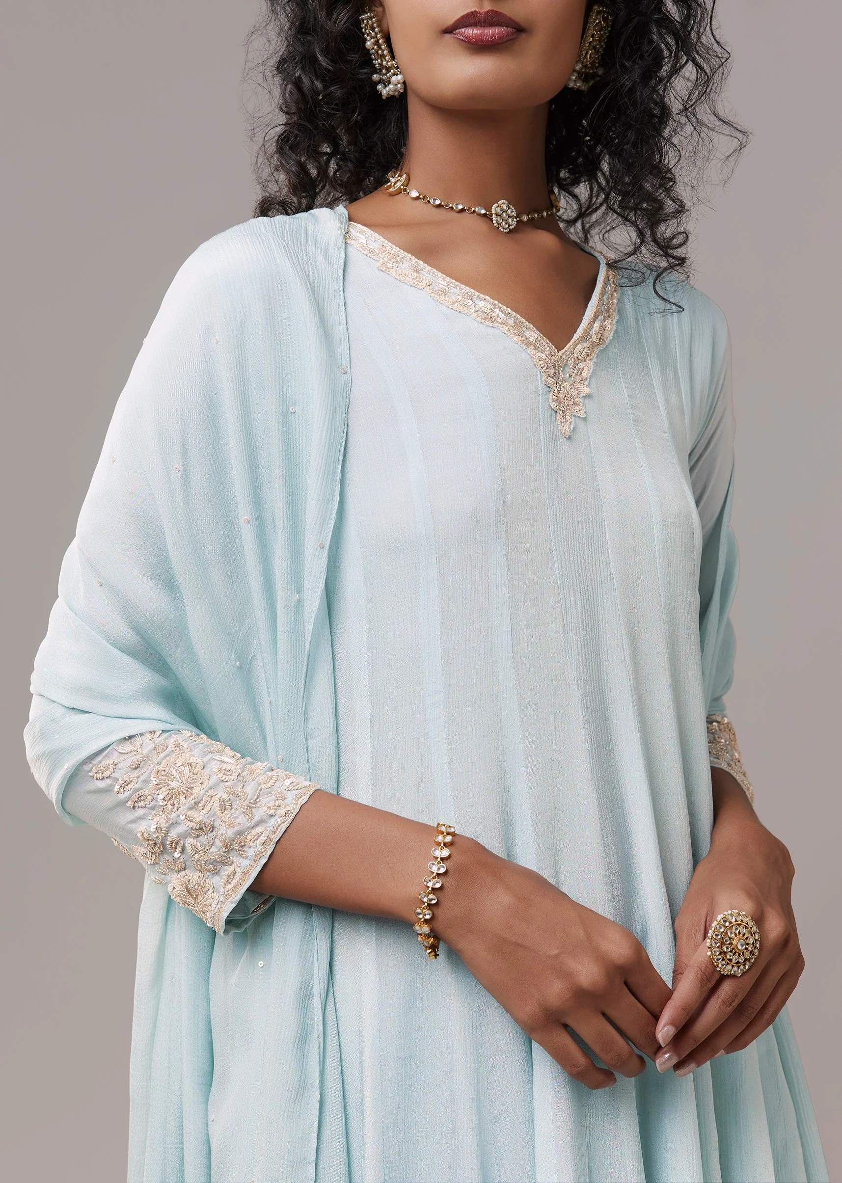 Sky Blue Chinon Embroidered Anarkali Set