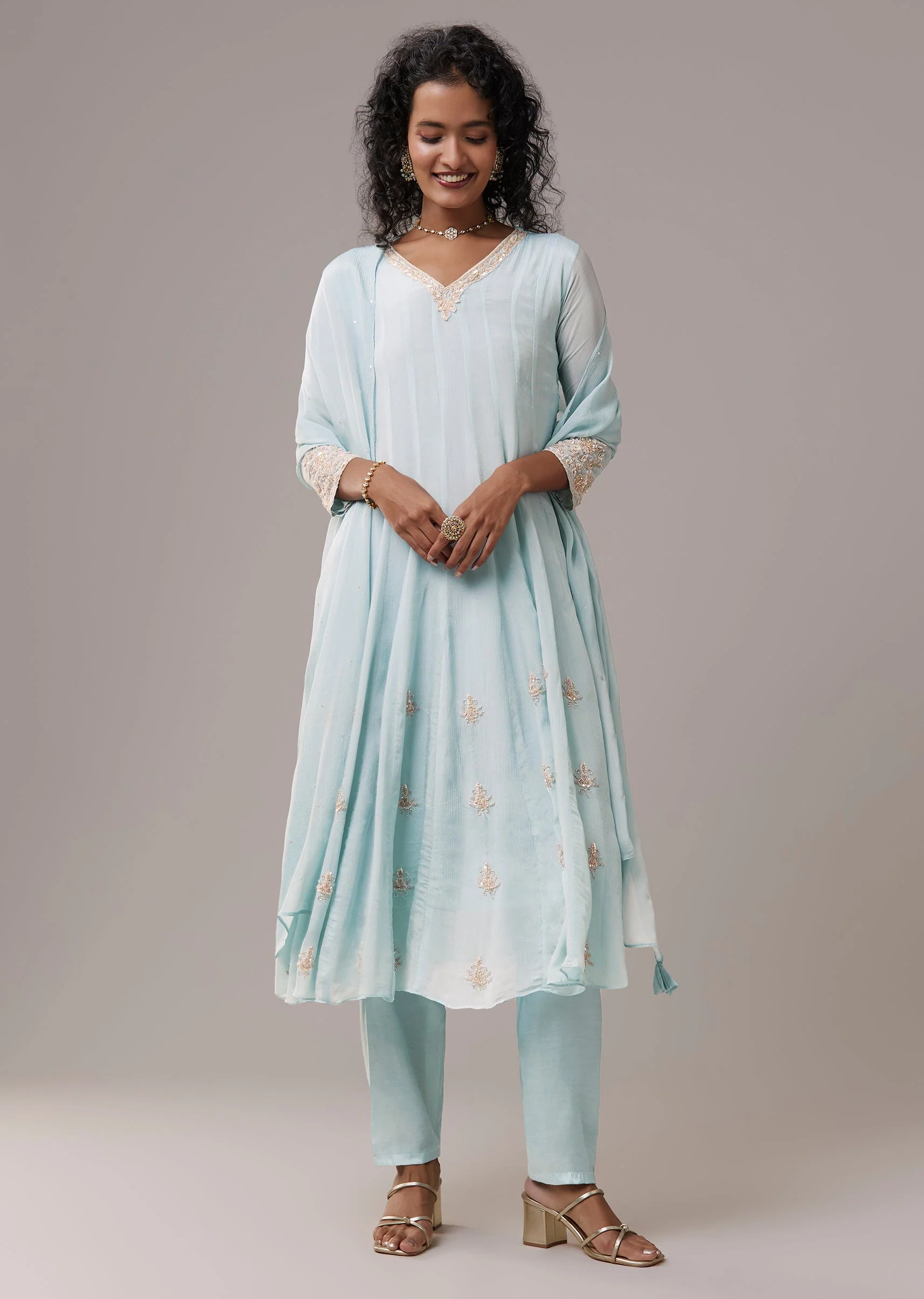 Sky Blue Chinon Embroidered Anarkali Set
