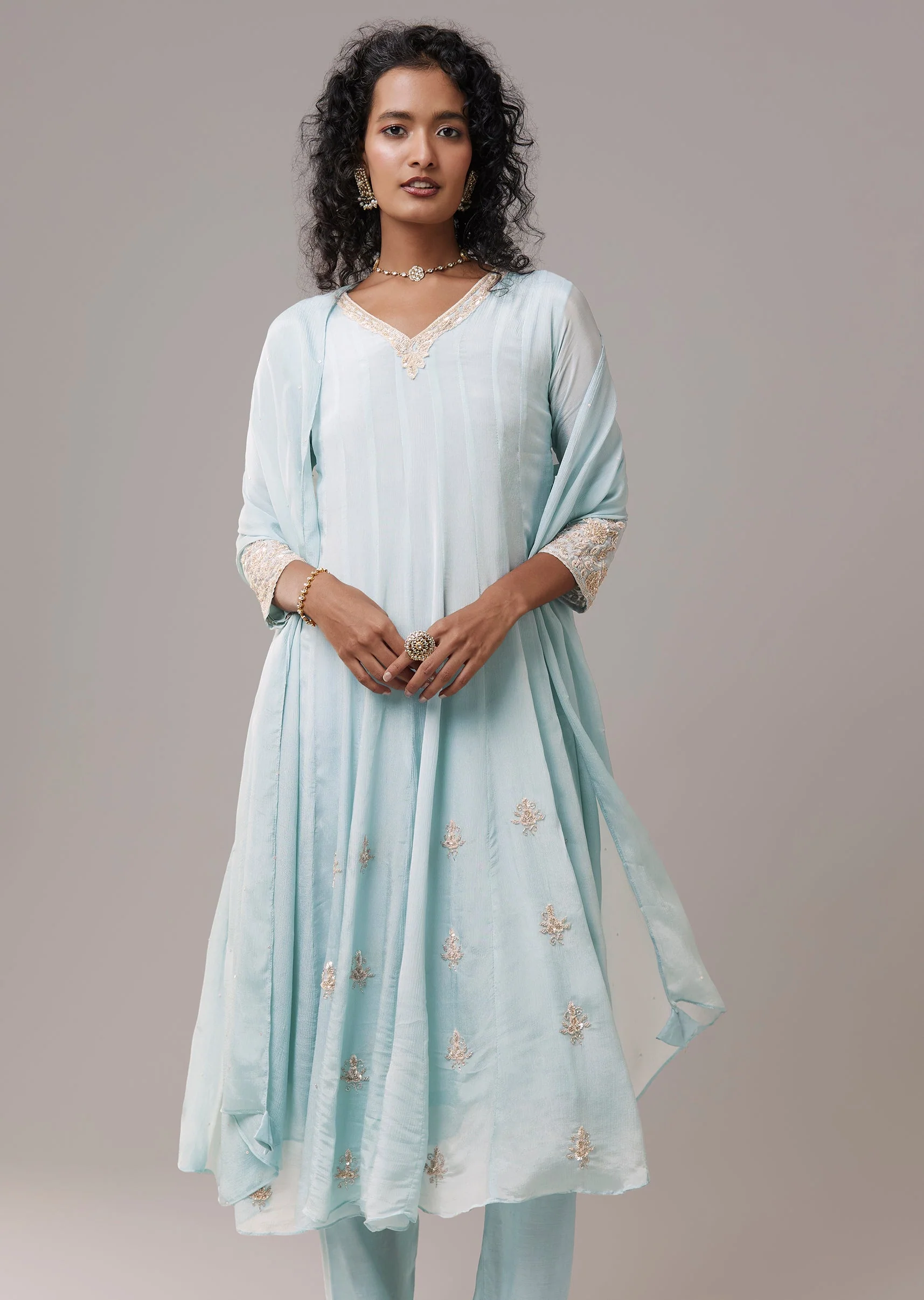 Sky Blue Chinon Embroidered Anarkali Set