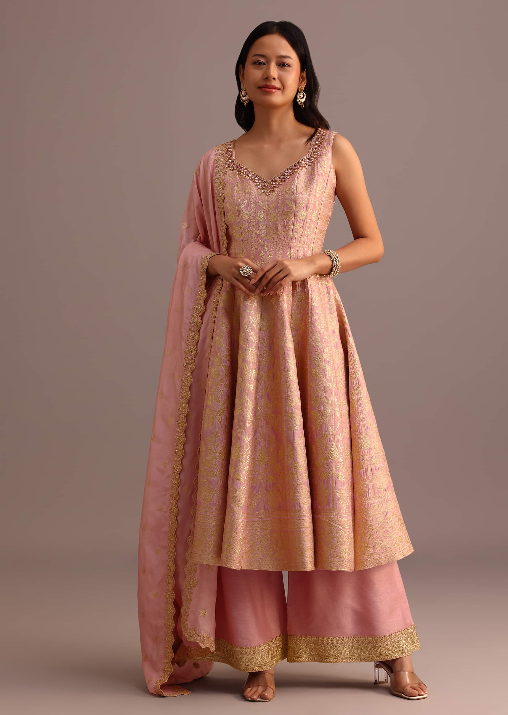 Pink Brocade Weave Kurti Palazzo Suit With Dupatta