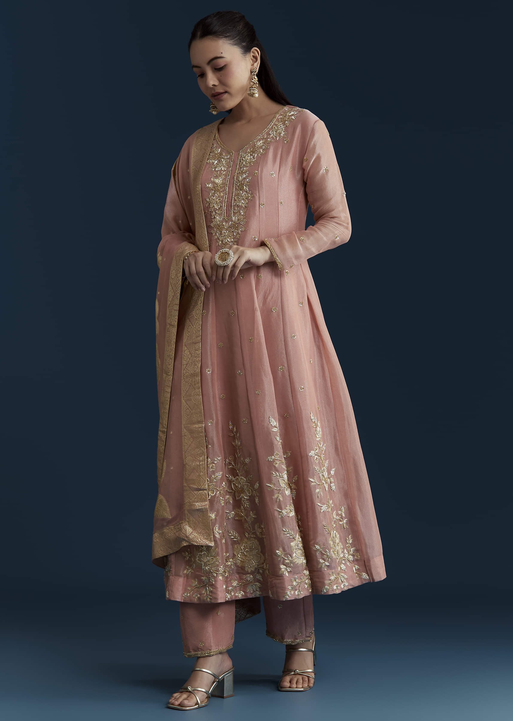 Pink Tissue Anarkali Set with Zardozi Work