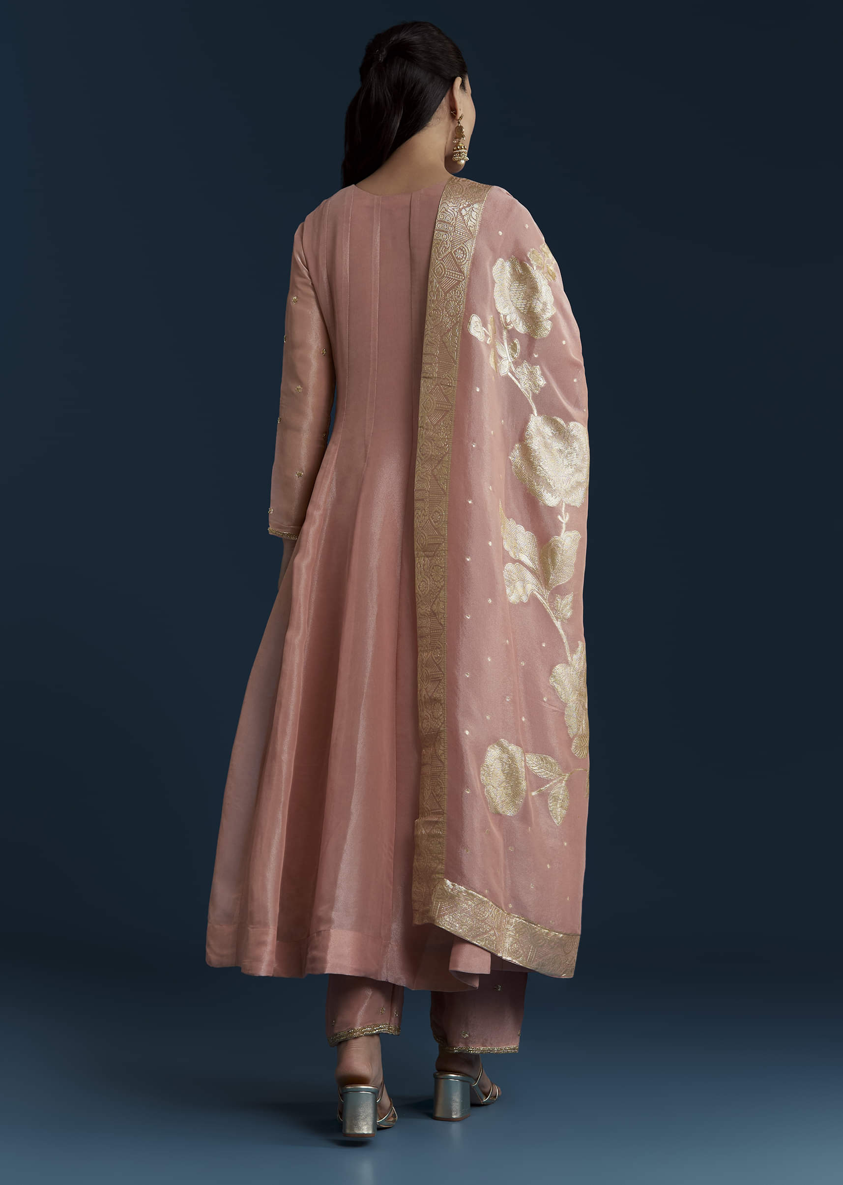 Pink Tissue Anarkali Set with Zardozi Work