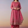 Pink Metallic Embroidered Anarkali Suit Set With Pant And Dupatta