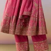 Pink Metallic Embroidered Anarkali Suit Set With Pant And Dupatta