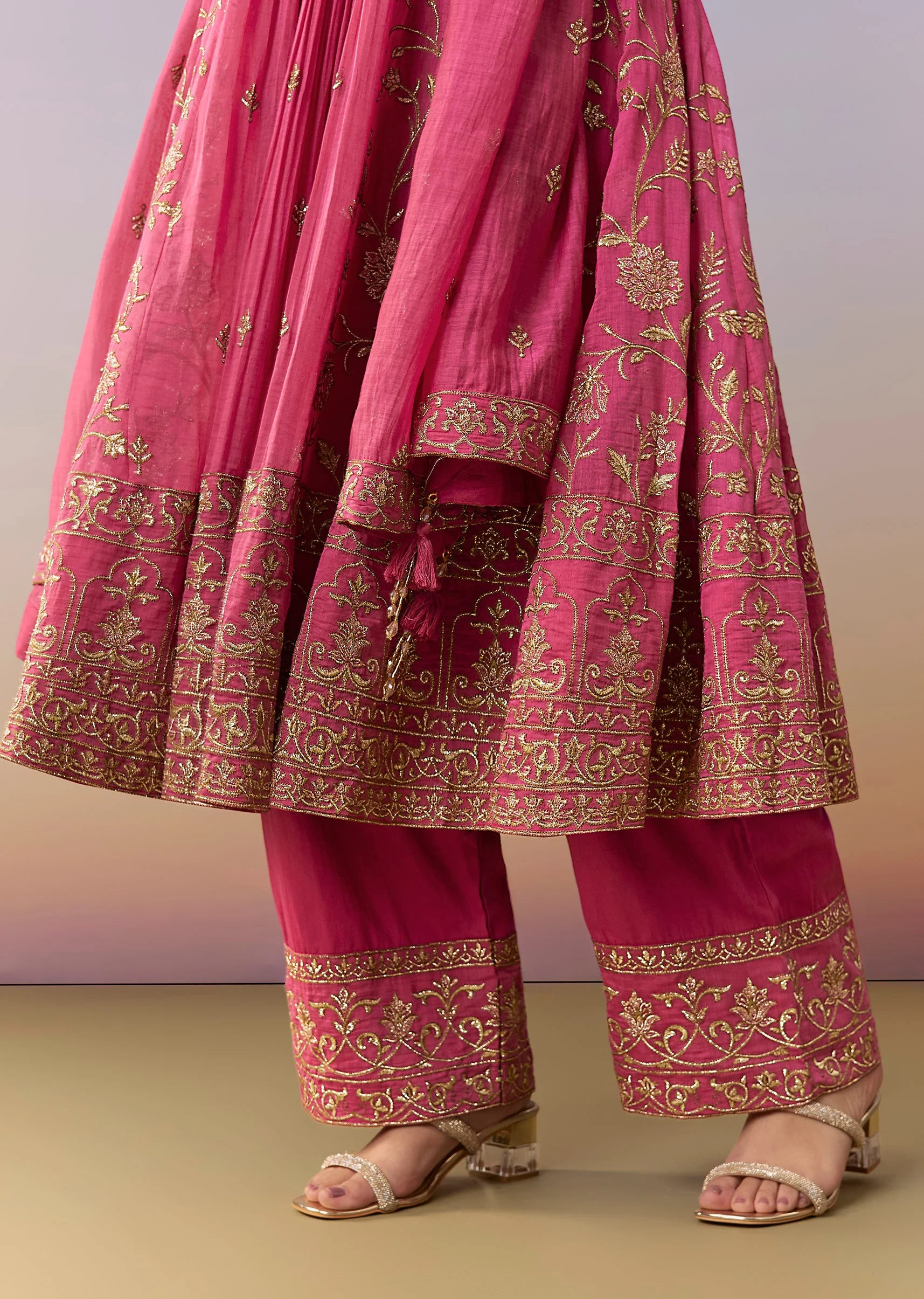 Pink Metallic Embroidered Anarkali Suit Set With Pant And Dupatta