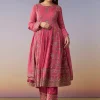 Pink Metallic Embroidered Anarkali Suit Set With Pant And Dupatta
