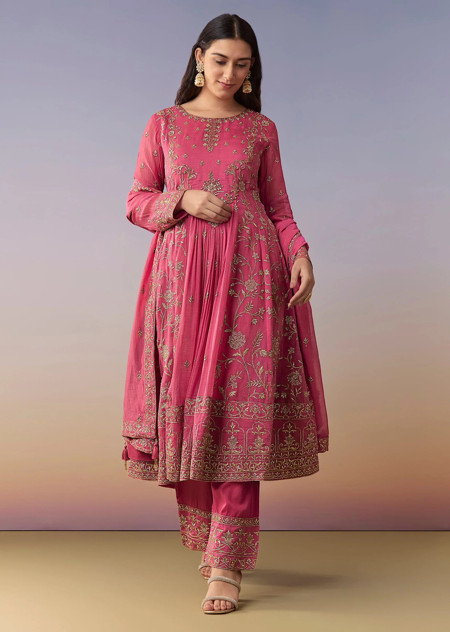 Pink Metallic Embroidered Anarkali Suit Set With Pant And Dupatta