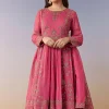 Pink Metallic Embroidered Anarkali Suit Set With Pant And Dupatta