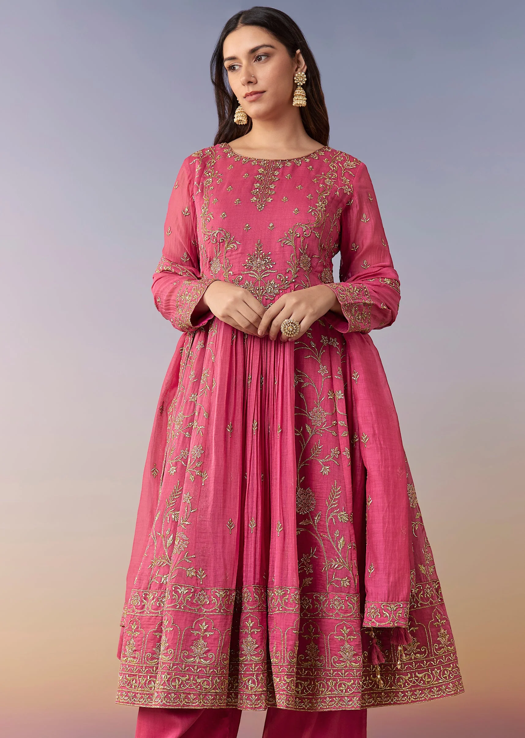 Pink Metallic Embroidered Anarkali Suit Set With Pant And Dupatta