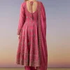 Pink Metallic Embroidered Anarkali Suit Set With Pant And Dupatta