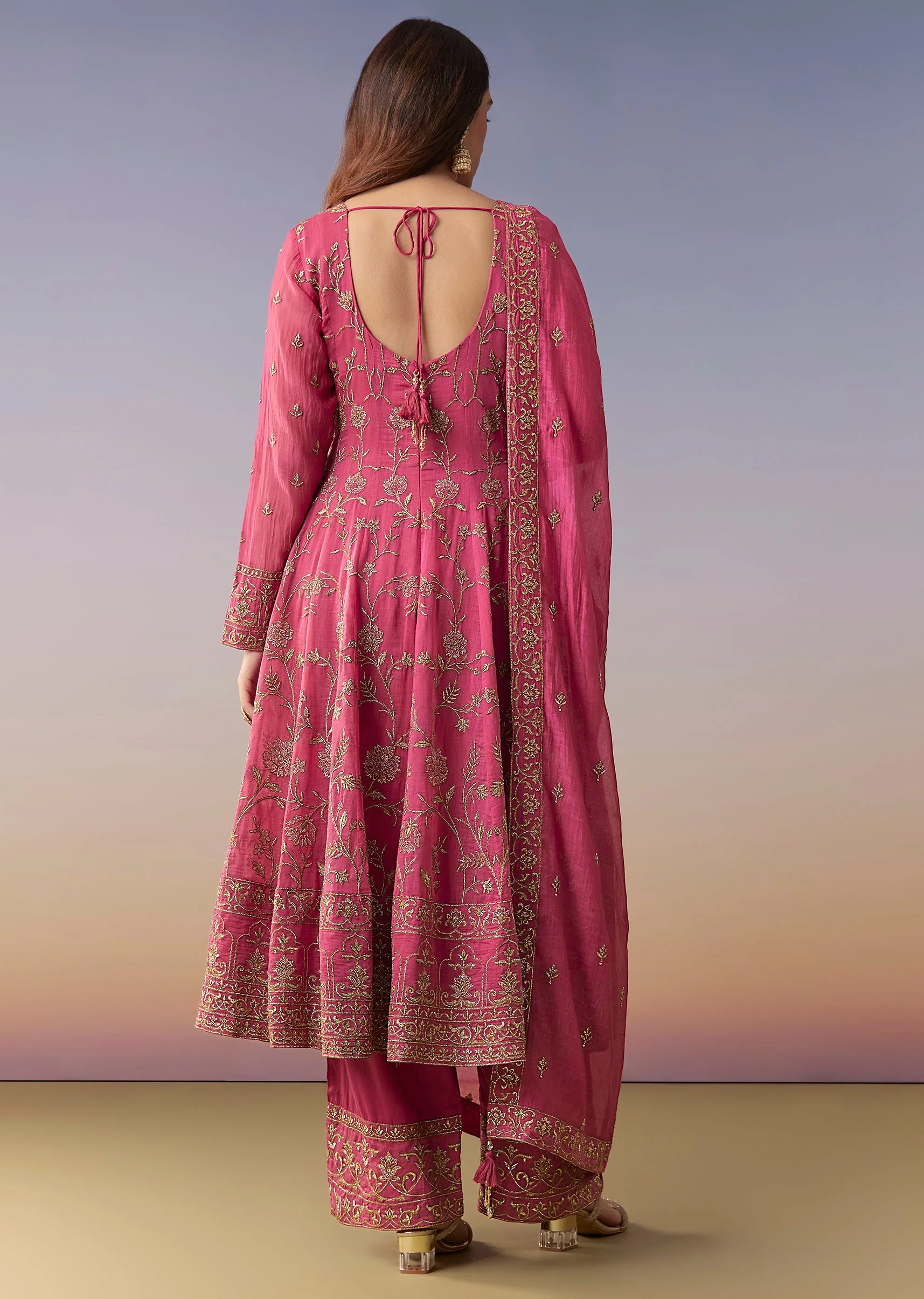 Pink Metallic Embroidered Anarkali Suit Set With Pant And Dupatta