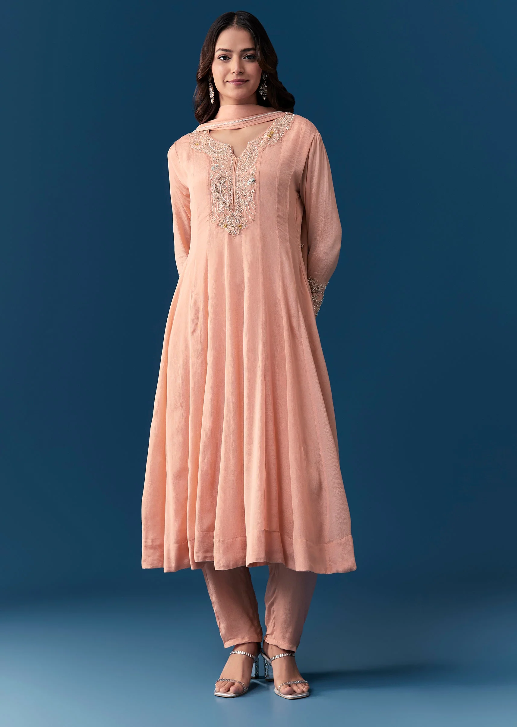 Peach Chinon Anarkali Suit With Dupatta And Moti Cut Dana Work Detail