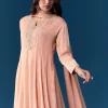 Peach Chinon Anarkali Suit With Dupatta And Moti Cut Dana Work Detail