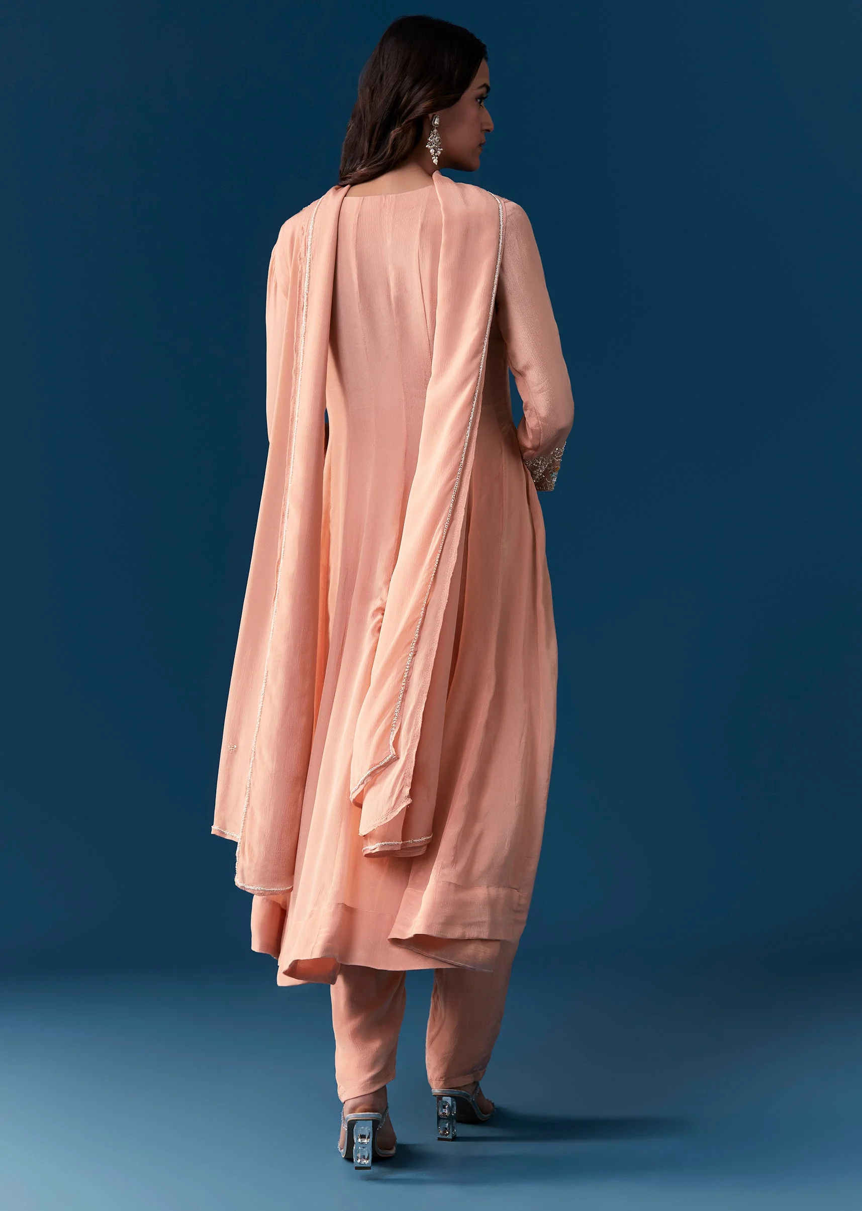 Peach Chinon Anarkali Suit With Dupatta And Moti Cut Dana Work Detail