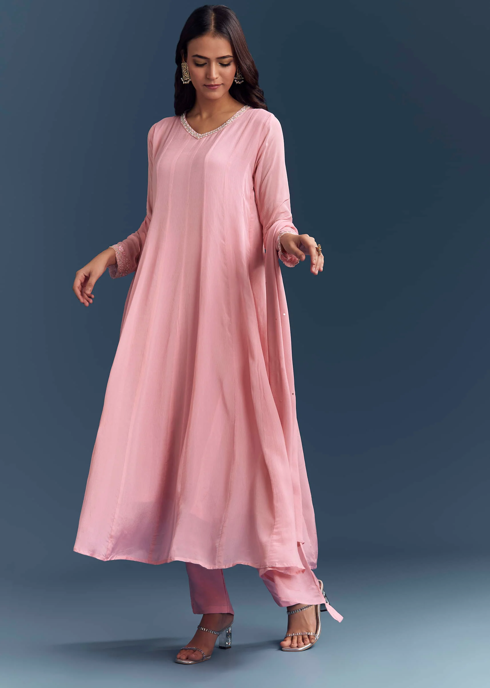 Light Pink Chinon Anarkali Suit With Cutdana And Sequins Embroidery