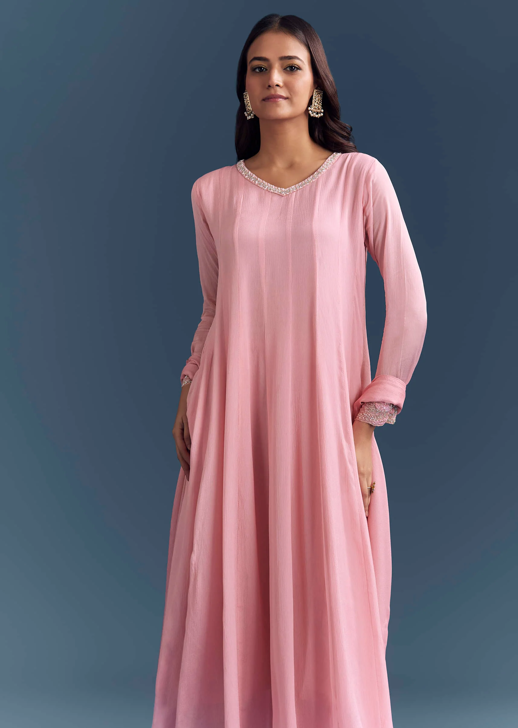 Light Pink Chinon Anarkali Suit With Cutdana And Sequins Embroidery