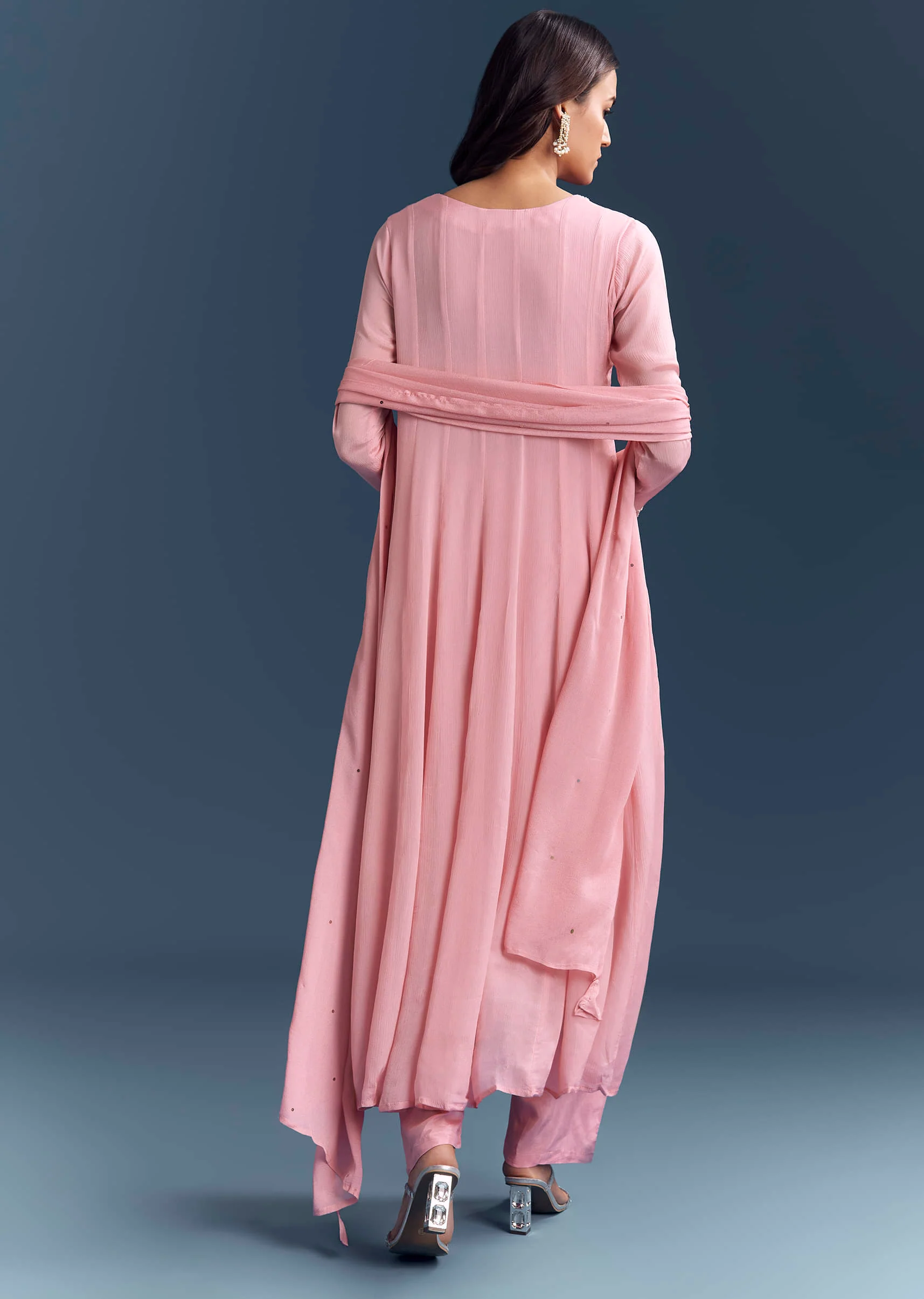 Light Pink Chinon Anarkali Suit With Cutdana And Sequins Embroidery