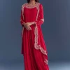 Red Chinon Anarkali Suit With Cutdana And Sequins Embroidery