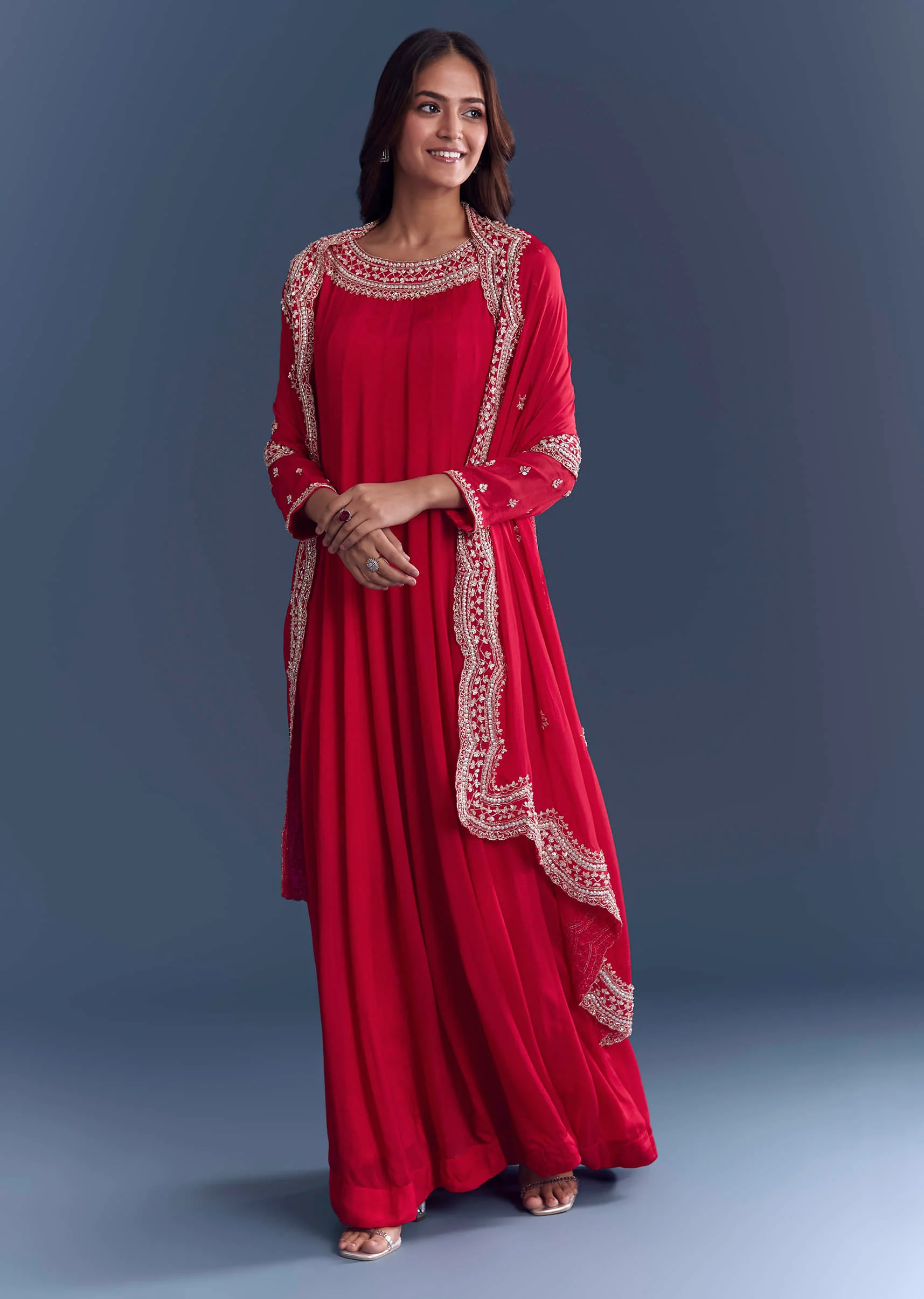 17694-red-chinon-anarkali-suit-with-cutdana-and-sequins-embroidery-1.webp Red Chinon Anarkali Suit With Cutdana And Sequins Embroidery
