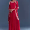 Red Chinon Anarkali Suit With Cutdana And Sequins Embroidery