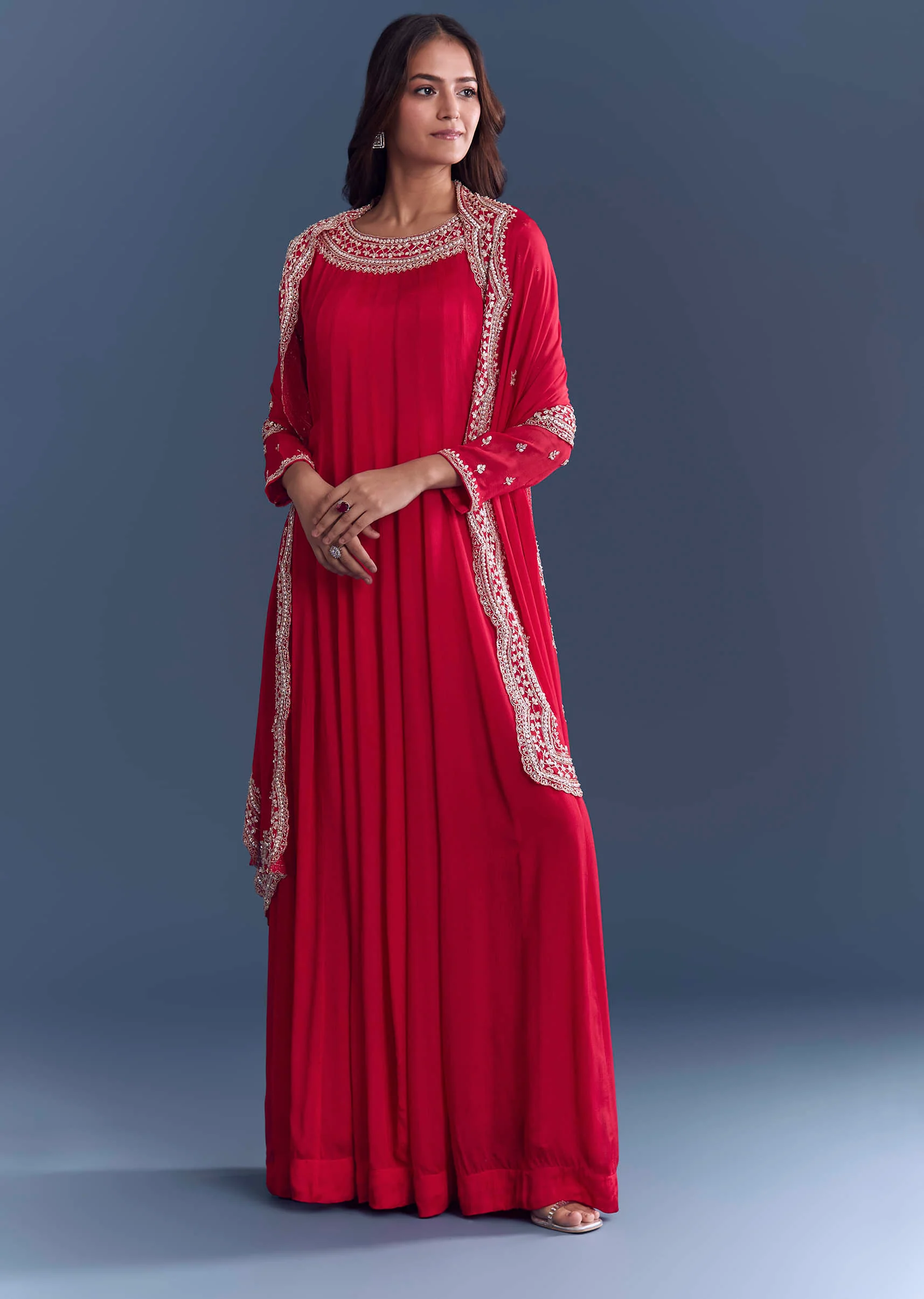 Red Chinon Anarkali Suit With Cutdana And Sequins Embroidery