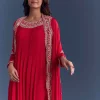 Red Chinon Anarkali Suit With Cutdana And Sequins Embroidery