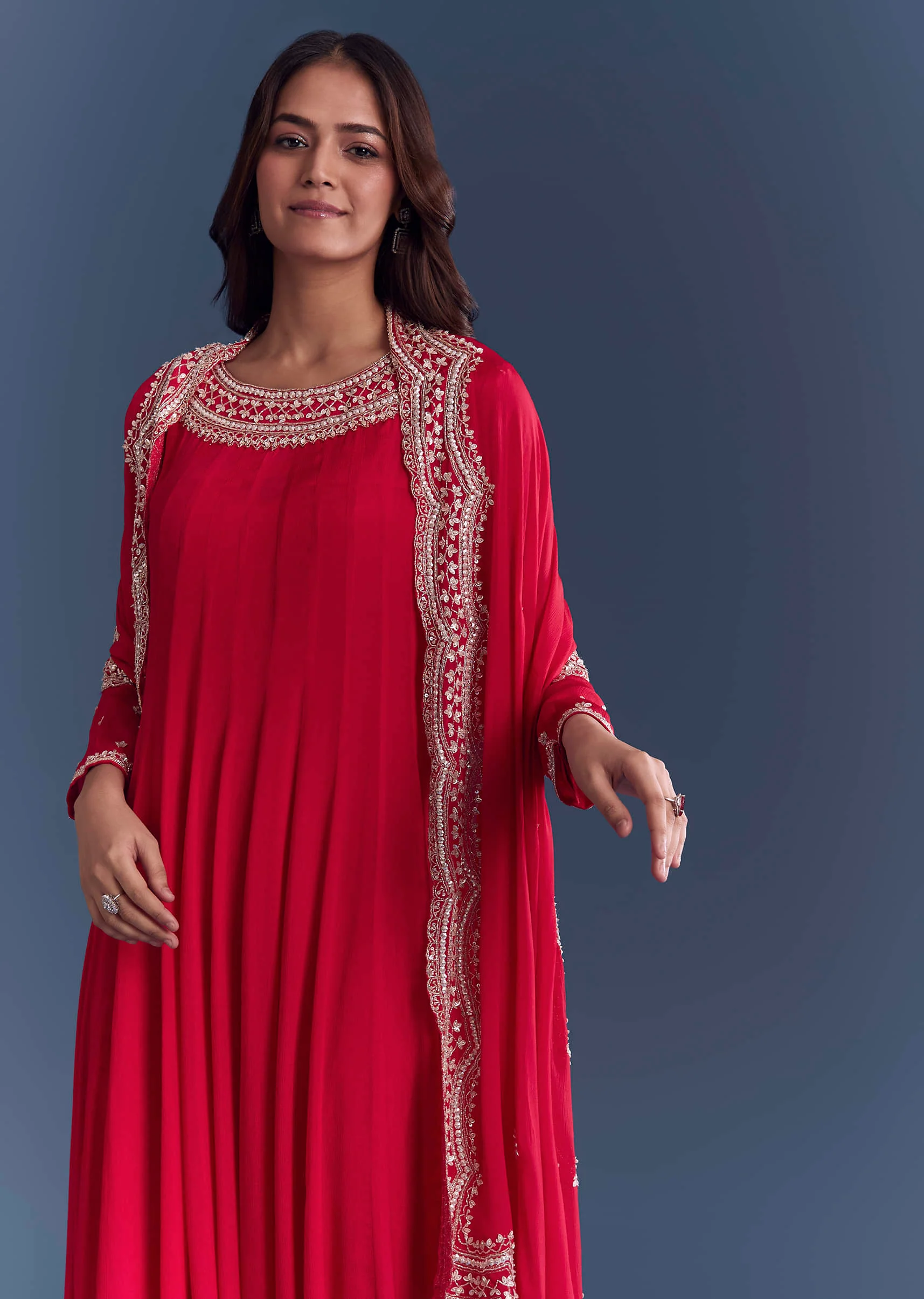 Red Chinon Anarkali Suit With Cutdana And Sequins Embroidery