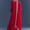 Red Chinon Anarkali Suit With Cutdana And Sequins Embroidery