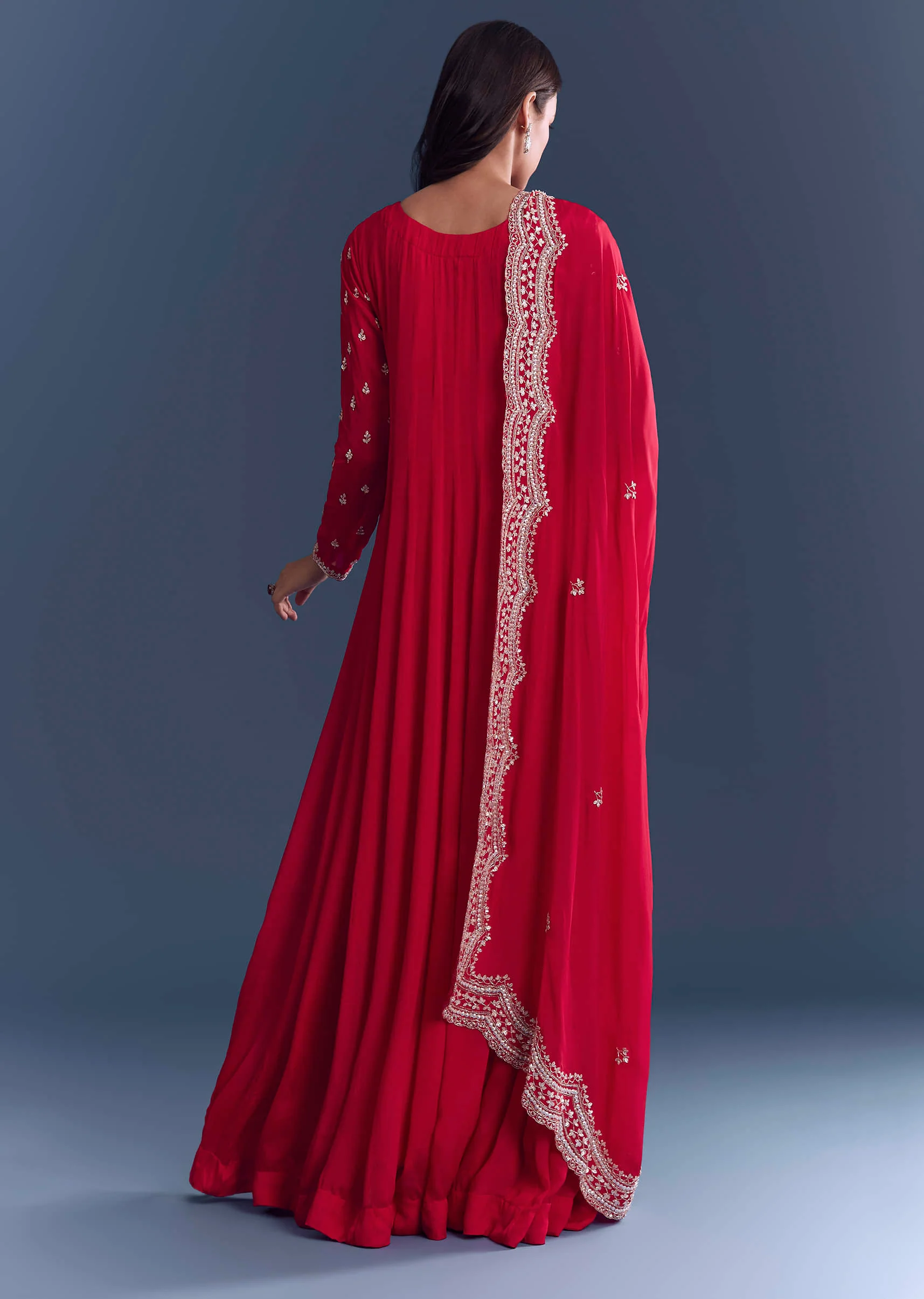 Red Chinon Anarkali Suit With Cutdana And Sequins Embroidery