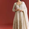 Off White Jaquard Silk Anarkali Suit With Dupatta