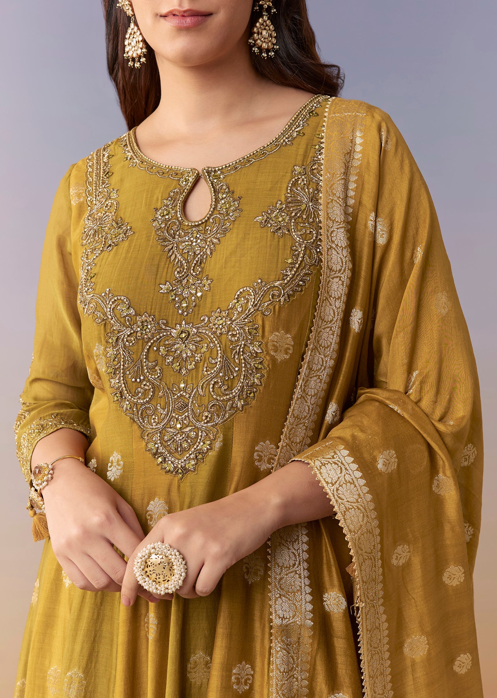 Mehendi Green Embellished Anarkali Suit Set With Palazzo And Dupatta
