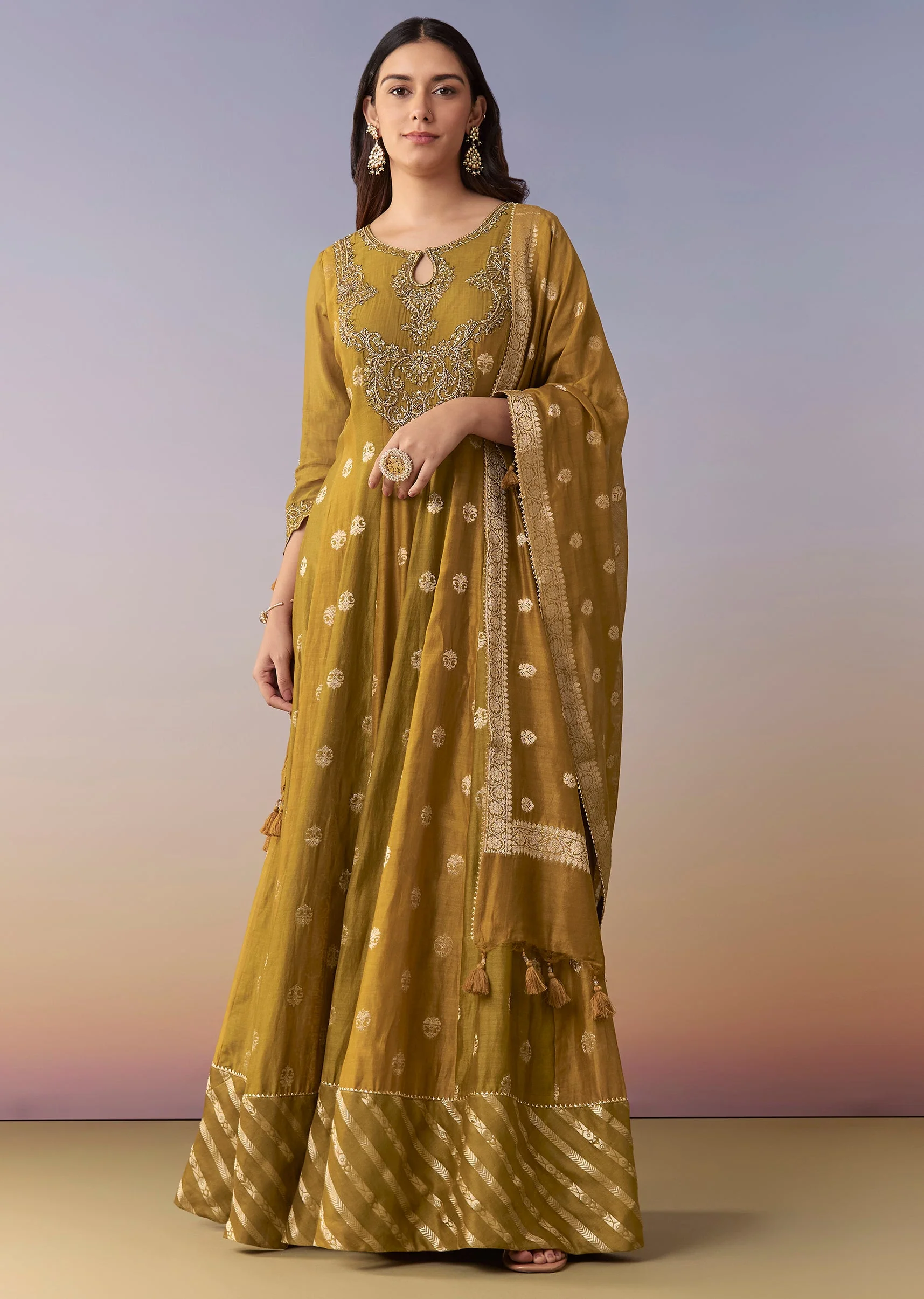 Mehendi Green Embellished Anarkali Suit Set With Palazzo And Dupatta