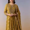 Mehendi Green Embellished Anarkali Suit Set With Palazzo And Dupatta