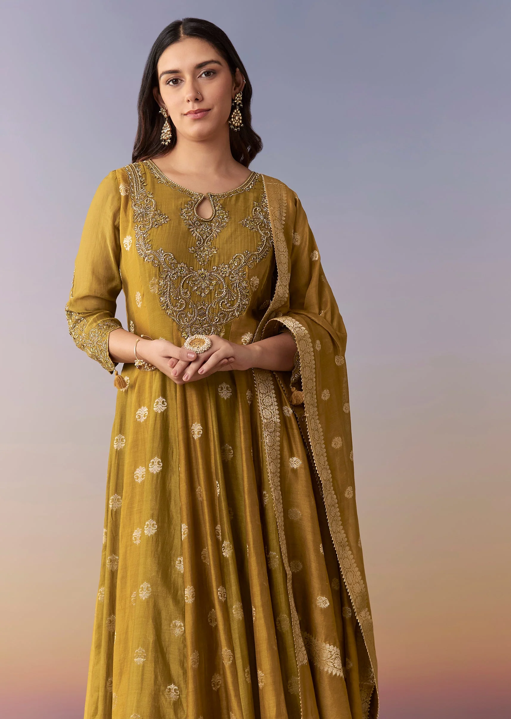 Mehendi Green Embellished Anarkali Suit Set With Palazzo And Dupatta
