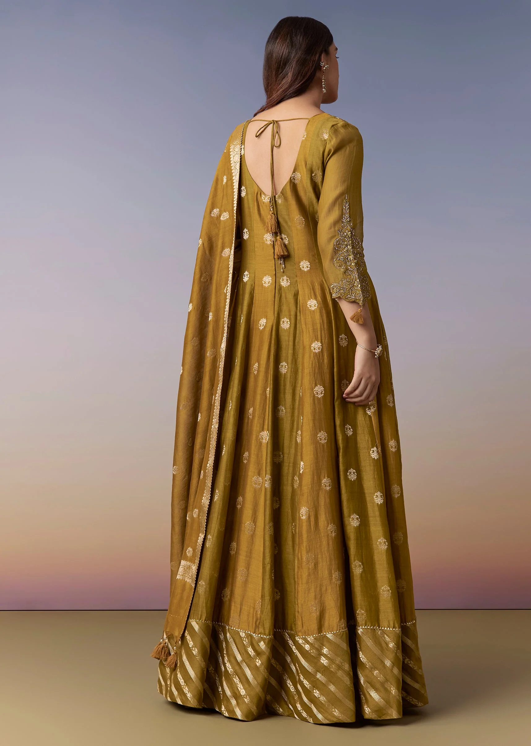 Mehendi Green Embellished Anarkali Suit Set With Palazzo And Dupatta